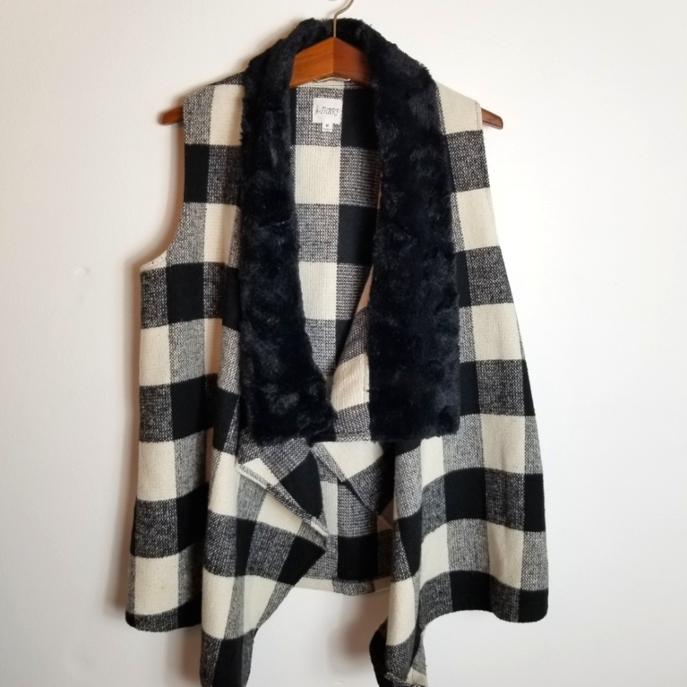 B-Sharp Buffalo Plaid Checkered Faux Fur Open Front Vest
